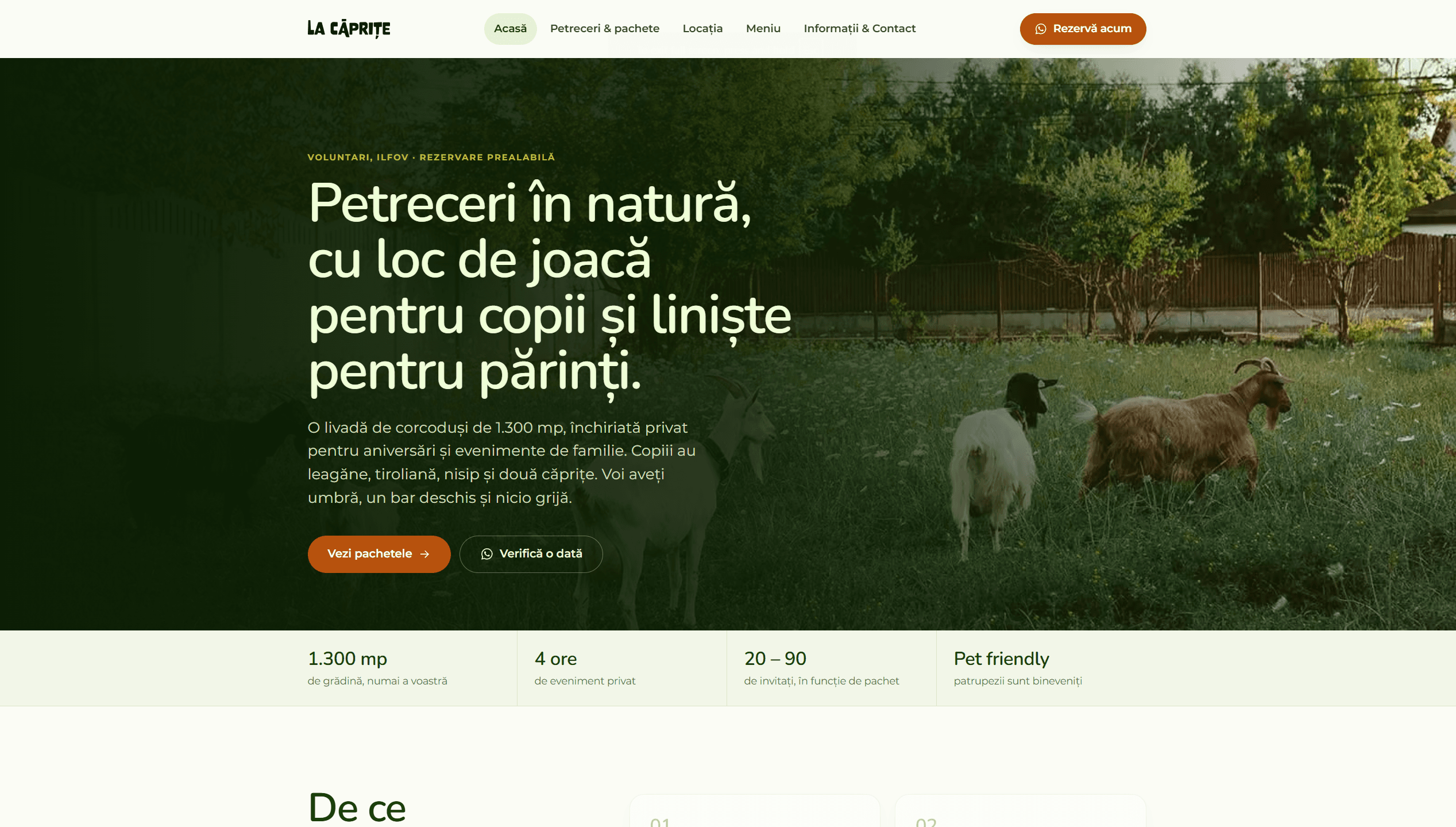 Captură de ecran a site-ului La Căprițe — Site de prezentare, realizat de Myriad Tech